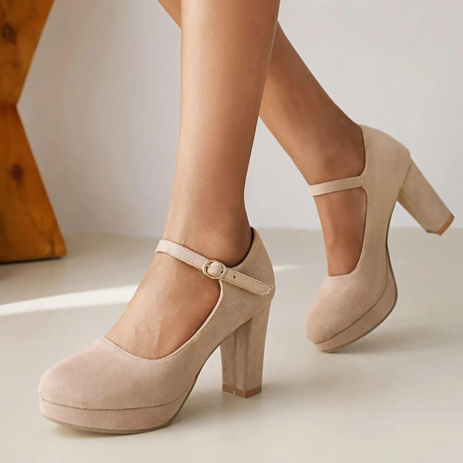 Agodor Women's Chunky Heel Mary Jane Lolita Platform Shoes Suede Round Toe Block Heel Pumps