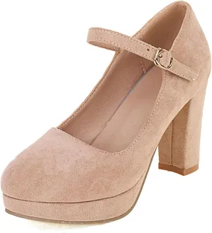 Agodor Women's Chunky Heel Mary Jane Lolita Platform Shoes Suede Round Toe Block Heel Pumps
