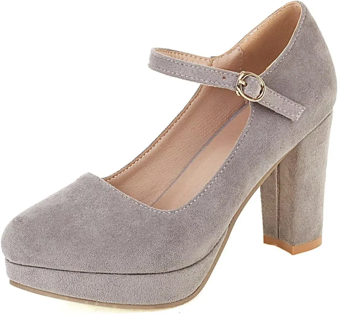Agodor Women's Chunky Heel Mary Jane Lolita Platform Shoes Suede Round Toe Block Heel Pumps
