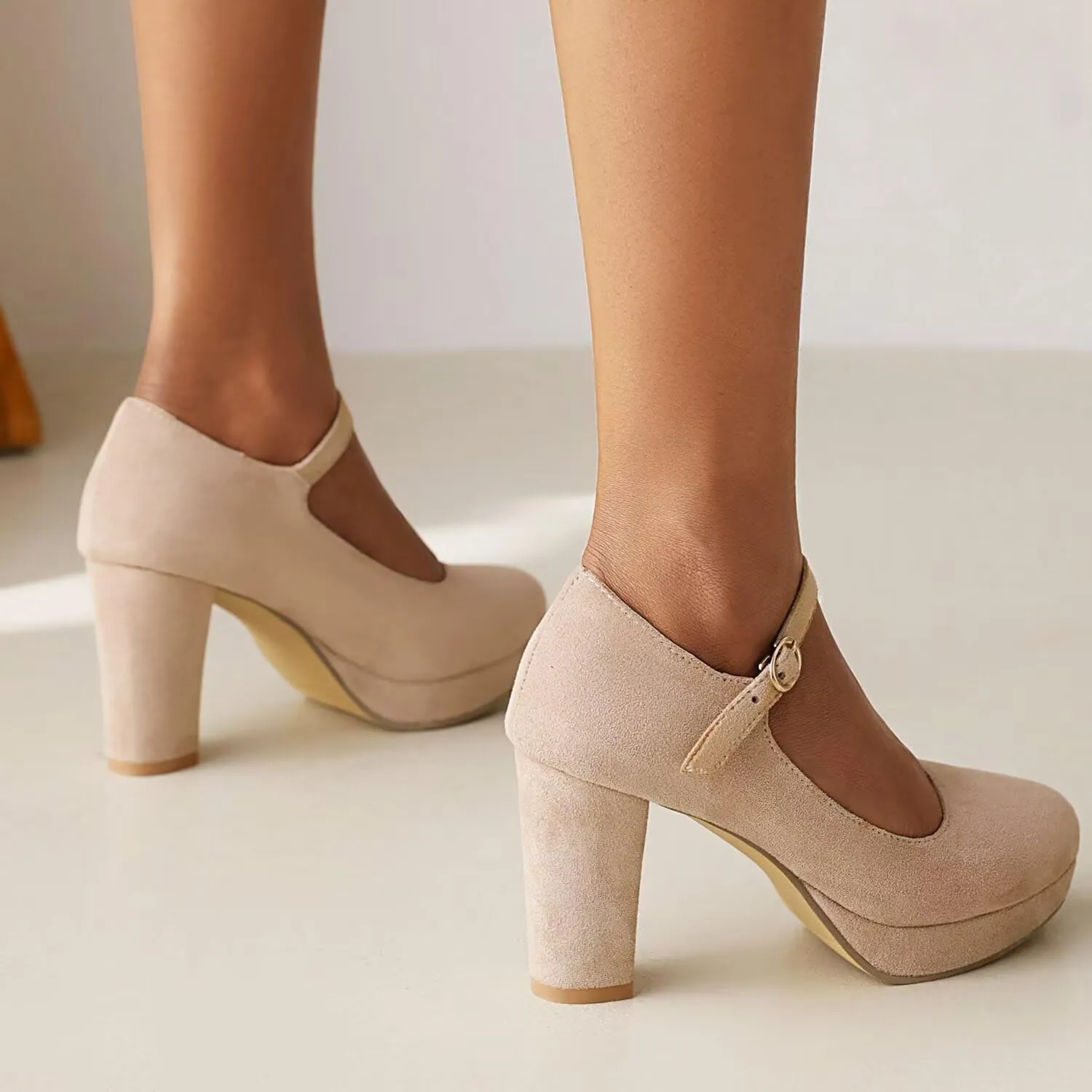 Agodor Women's Chunky Heel Mary Jane Lolita Platform Shoes Suede Round Toe Block Heel Pumps