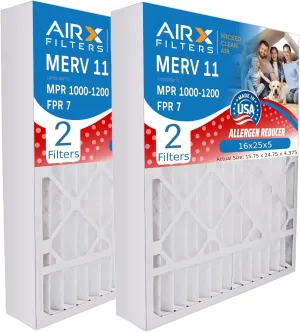 AIRX FILTERS WICKED CLEAN AIR. 16x25x5 Air Filter MERV 11 Compatible with Bryant Carrier FILXXCAR0016 Furnace Filter 2 Pack