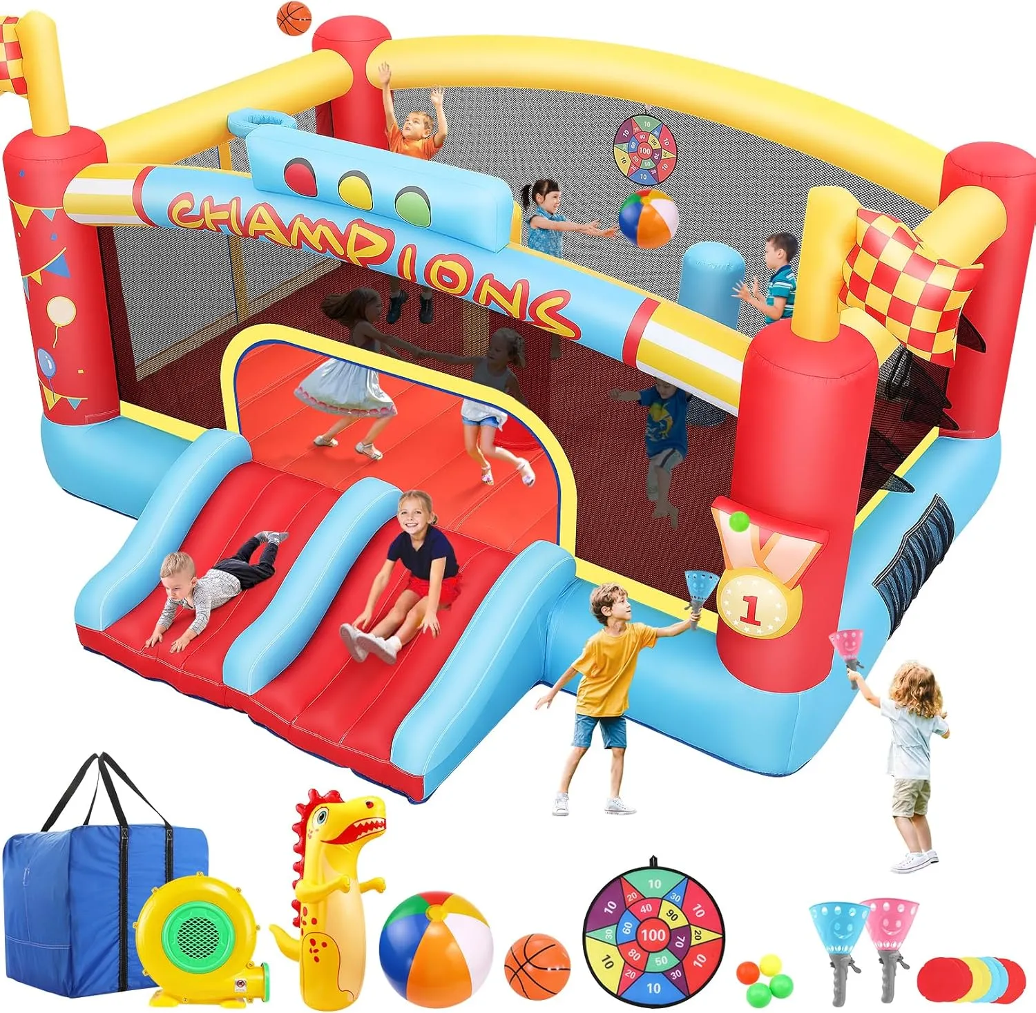 AKEYDIY Big Inflatable Bounce House for Big Kids, 13FT Outdoor Inflatable Bouncers with Blower, Double Basketball Hoop, Throw Ball Game, Punching Game, Jumping Bouncy Castle (Extra Large Bounce House)
