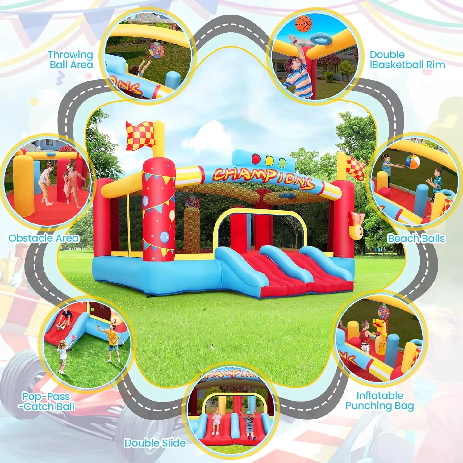 AKEYDIY Big Inflatable Bounce House for Big Kids, 13FT Outdoor Inflatable Bouncers with Blower, Double Basketball Hoop, Throw Ball Game, Punching Game, Jumping Bouncy Castle (Extra Large Bounce House)