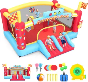 AKEYDIY Inflatable Obstacle Course Bounce House for Kids 5-12 Large, Racing Party Bouncy House for Kids 3-6 w/Large Jumping Area, Basketball Hoop & Racing Slide, Target Toss Game, 550W Blower