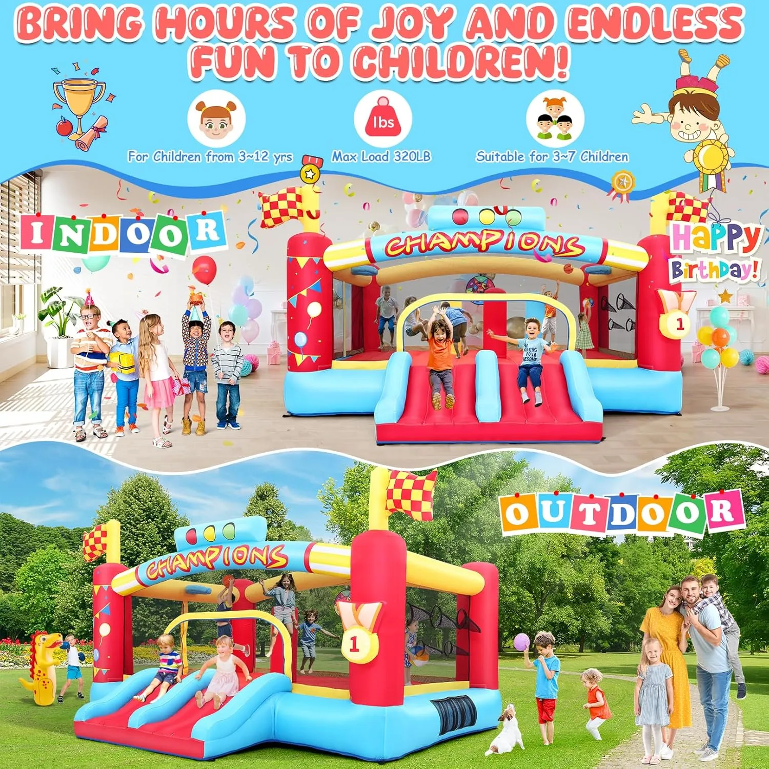 AKEYDIY Inflatable Obstacle Course Bounce House for Kids 5-12 Large, Racing Party Bouncy House for Kids 3-6 w/Large Jumping Area, Basketball Hoop & Racing Slide, Target Toss Game, 550W Blower