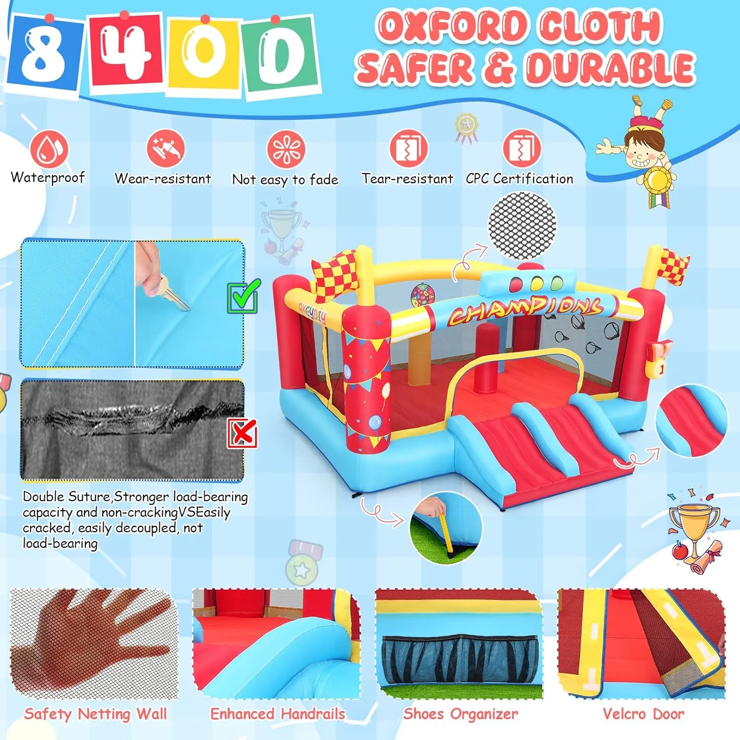 AKEYDIY Inflatable Obstacle Course Bounce House for Kids 5-12 Large, Racing Party Bouncy House for Kids 3-6 w/Large Jumping Area, Basketball Hoop & Racing Slide, Target Toss Game, 550W Blower