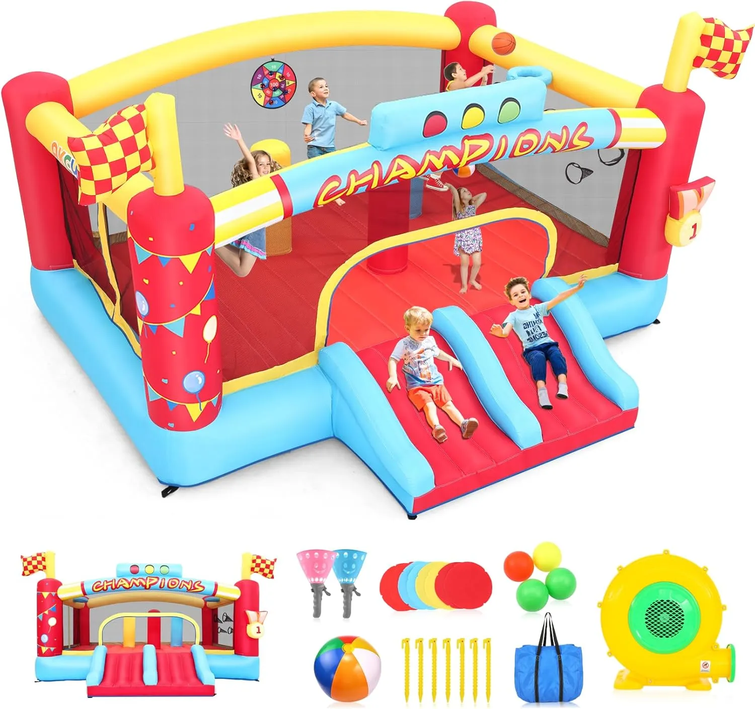 AKEYDIY Inflatable Obstacle Course Bounce House for Kids 5-12 Large, Racing Party Bouncy House for Kids 3-6 w/Large Jumping Area, Basketball Hoop & Racing Slide, Target Toss Game, 550W Blower