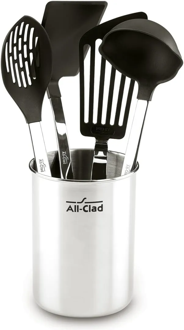 All-Clad Specialty Stainless Steel with Nylon Head Kitchen Gadgets 4 Piece Tool Set with Caddy Kitchen Tools, Kitchen Hacks Silver