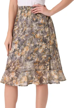 Allegra K Women's Floral Midi Skirts Summer Ruffle High Waist Flowy A-Line Split Knee Length Skirt