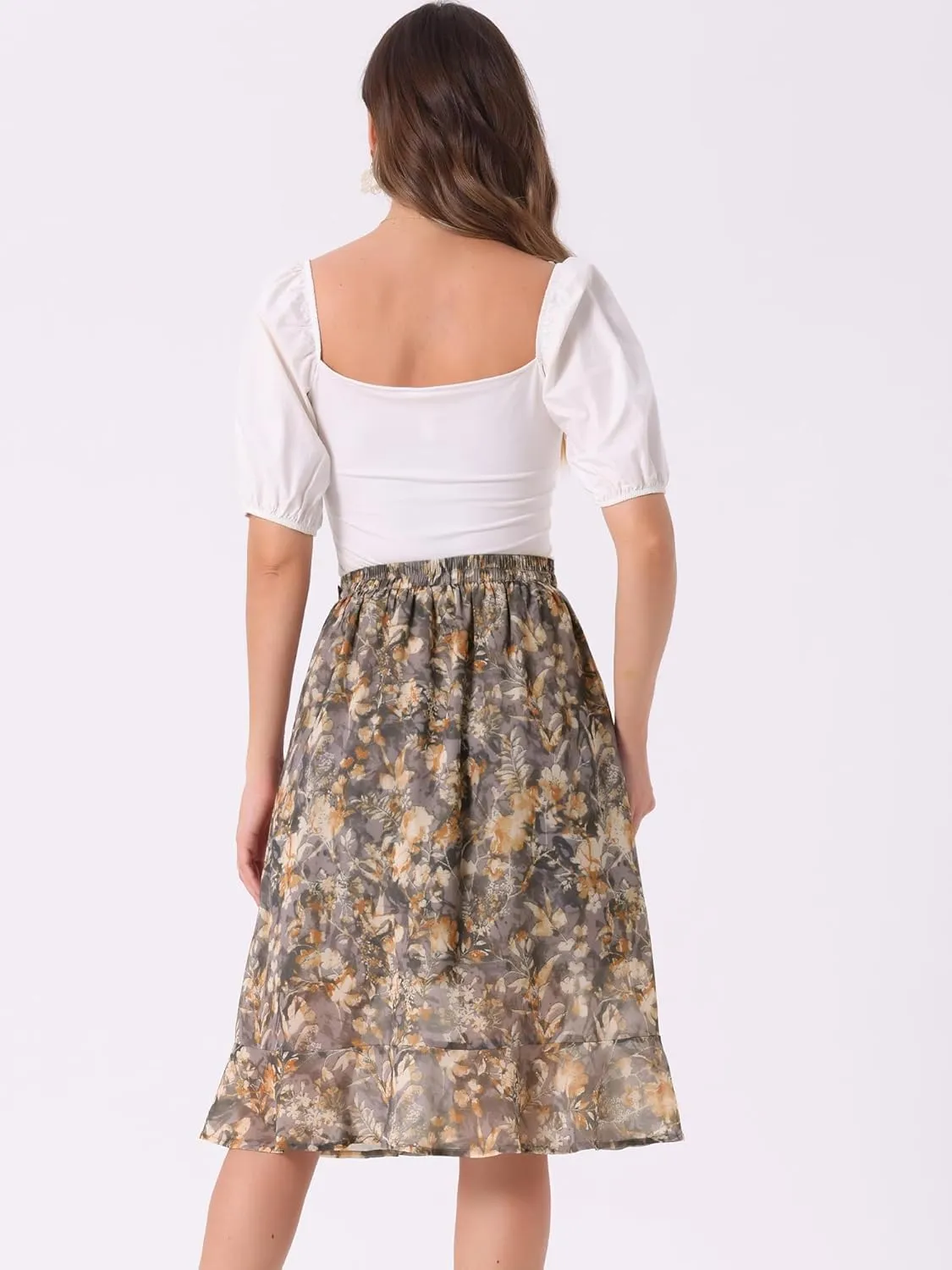 Allegra K Women's Floral Midi Skirts Summer Ruffle High Waist Flowy A-Line Split Knee Length Skirt