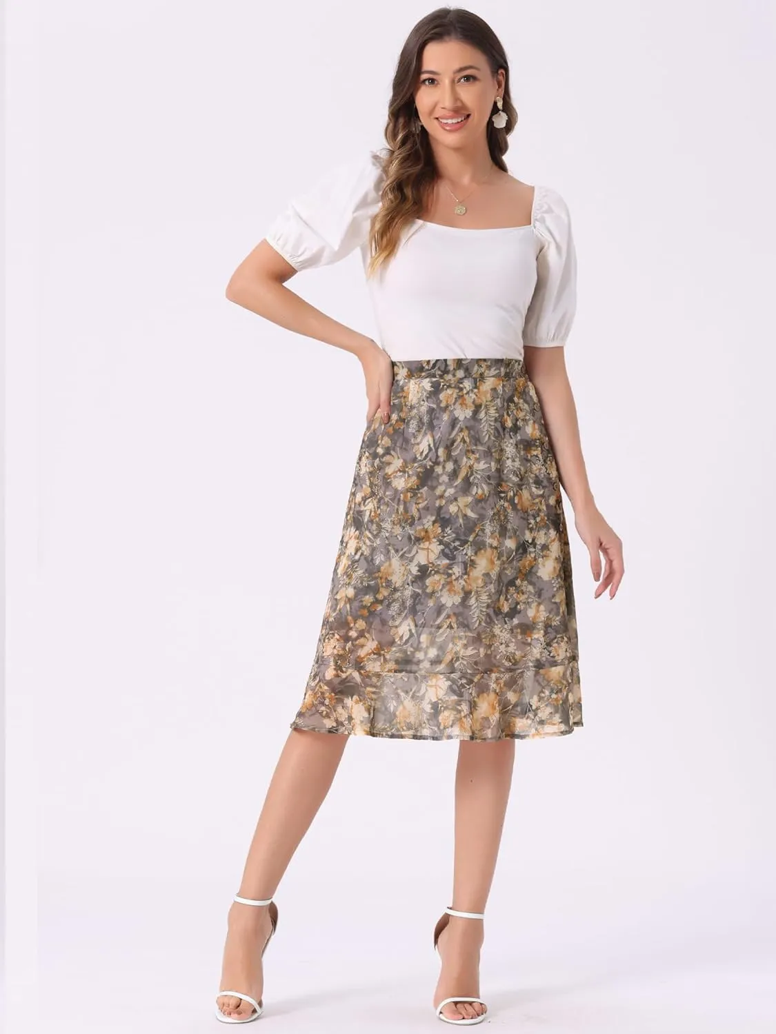 Allegra K Women's Floral Midi Skirts Summer Ruffle High Waist Flowy A-Line Split Knee Length Skirt