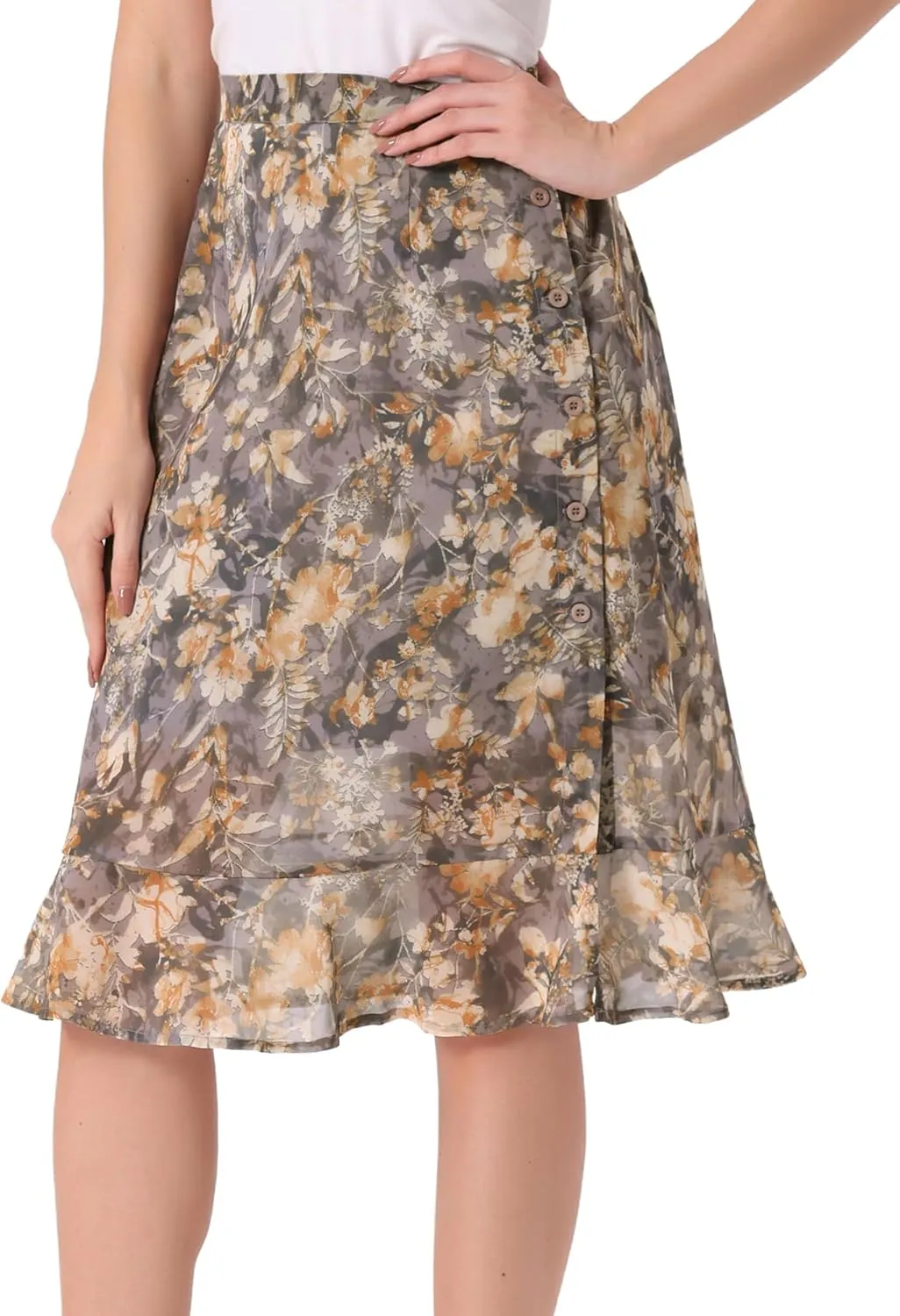 Allegra K Women's Floral Midi Skirts Summer Ruffle High Waist Flowy A-Line Split Knee Length Skirt