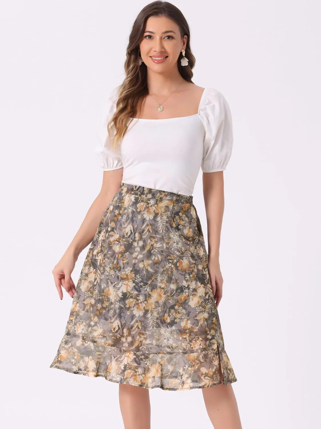 Allegra K Women's Floral Midi Skirts Summer Ruffle High Waist Flowy A-Line Split Knee Length Skirt