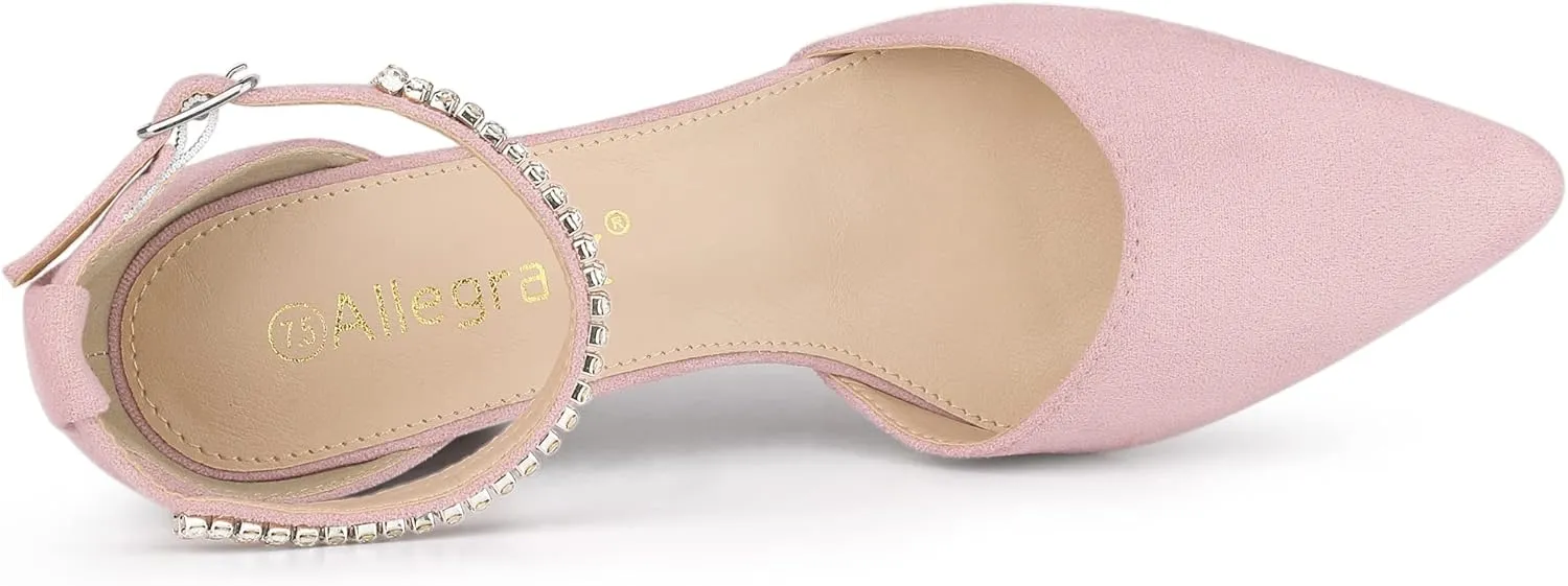 Allegra K Women's Pointed Toe Rhinestone Ankle Strap Chunky Heels Pumps