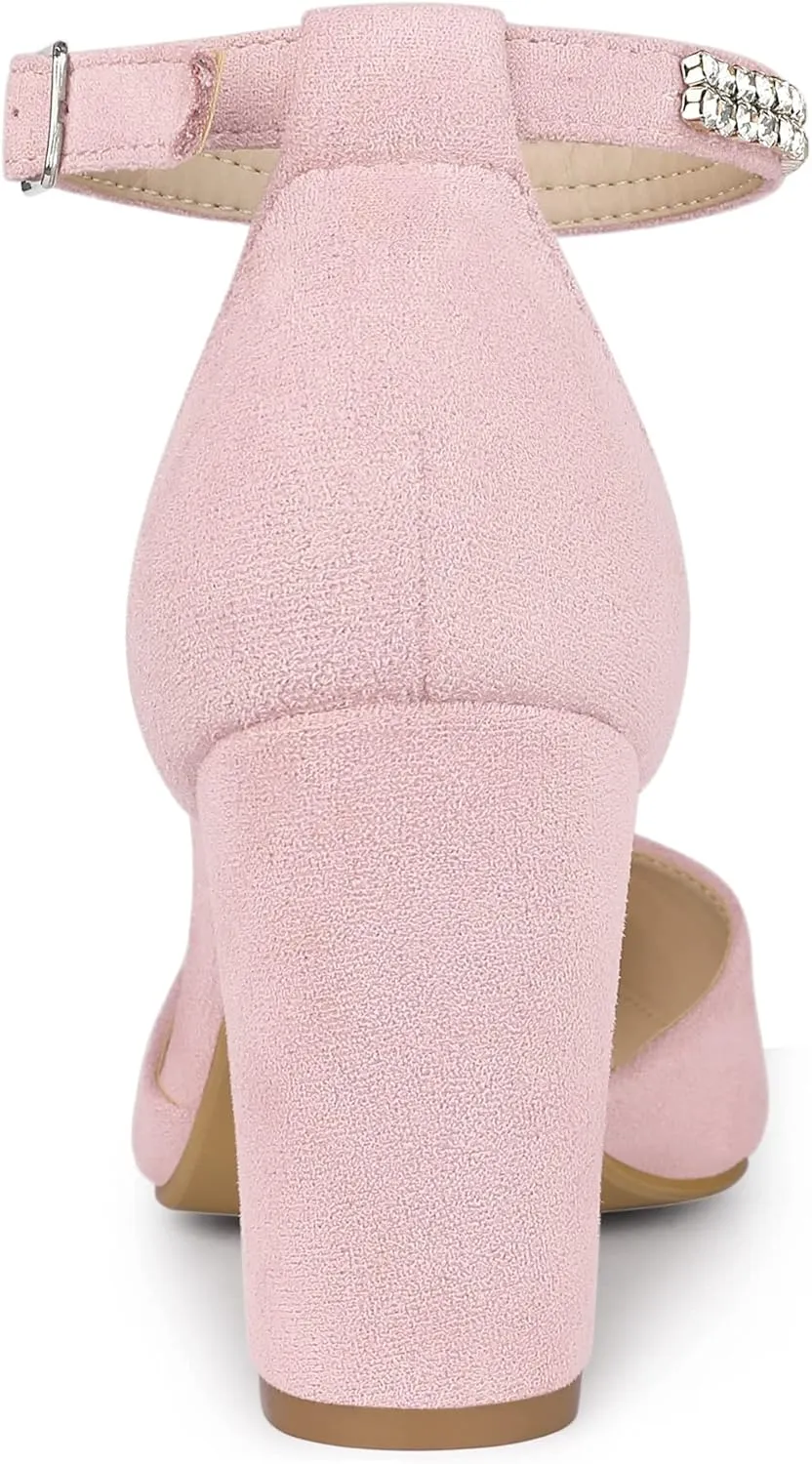 Allegra K Women's Pointed Toe Rhinestone Ankle Strap Chunky Heels Pumps