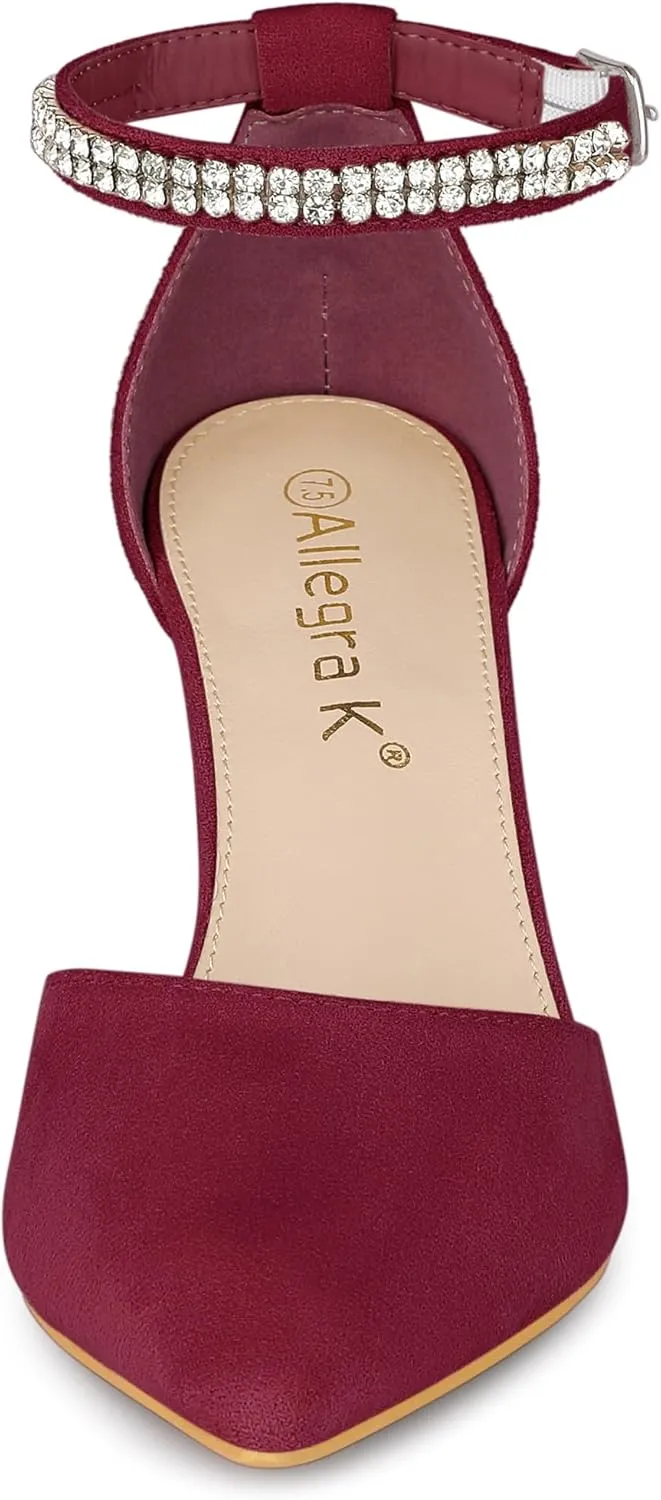 Allegra K Women's Pointed Toe Rhinestone Ankle Strap Chunky Heels Pumps