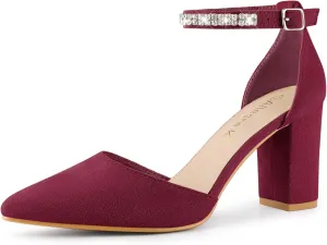 Allegra K Women's Pointed Toe Rhinestone Ankle Strap Chunky Heels Pumps