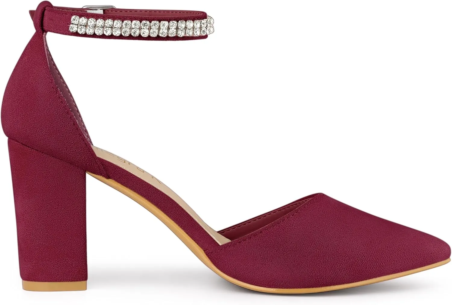 Allegra K Women's Pointed Toe Rhinestone Ankle Strap Chunky Heels Pumps