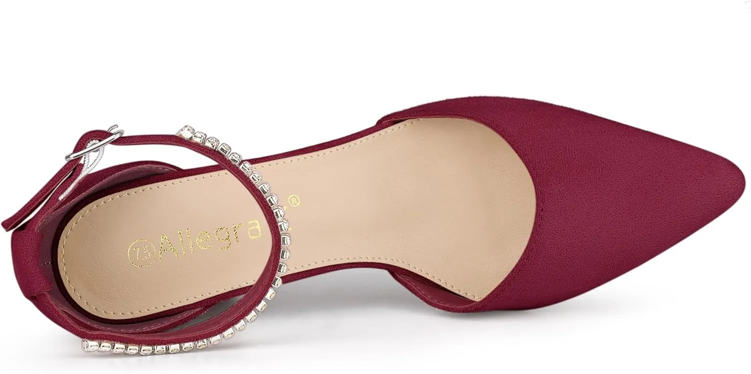 Allegra K Women's Pointed Toe Rhinestone Ankle Strap Chunky Heels Pumps