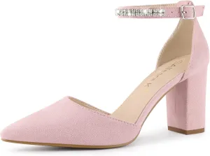 Allegra K Women's Pointed Toe Rhinestone Ankle Strap Chunky Heels Pumps