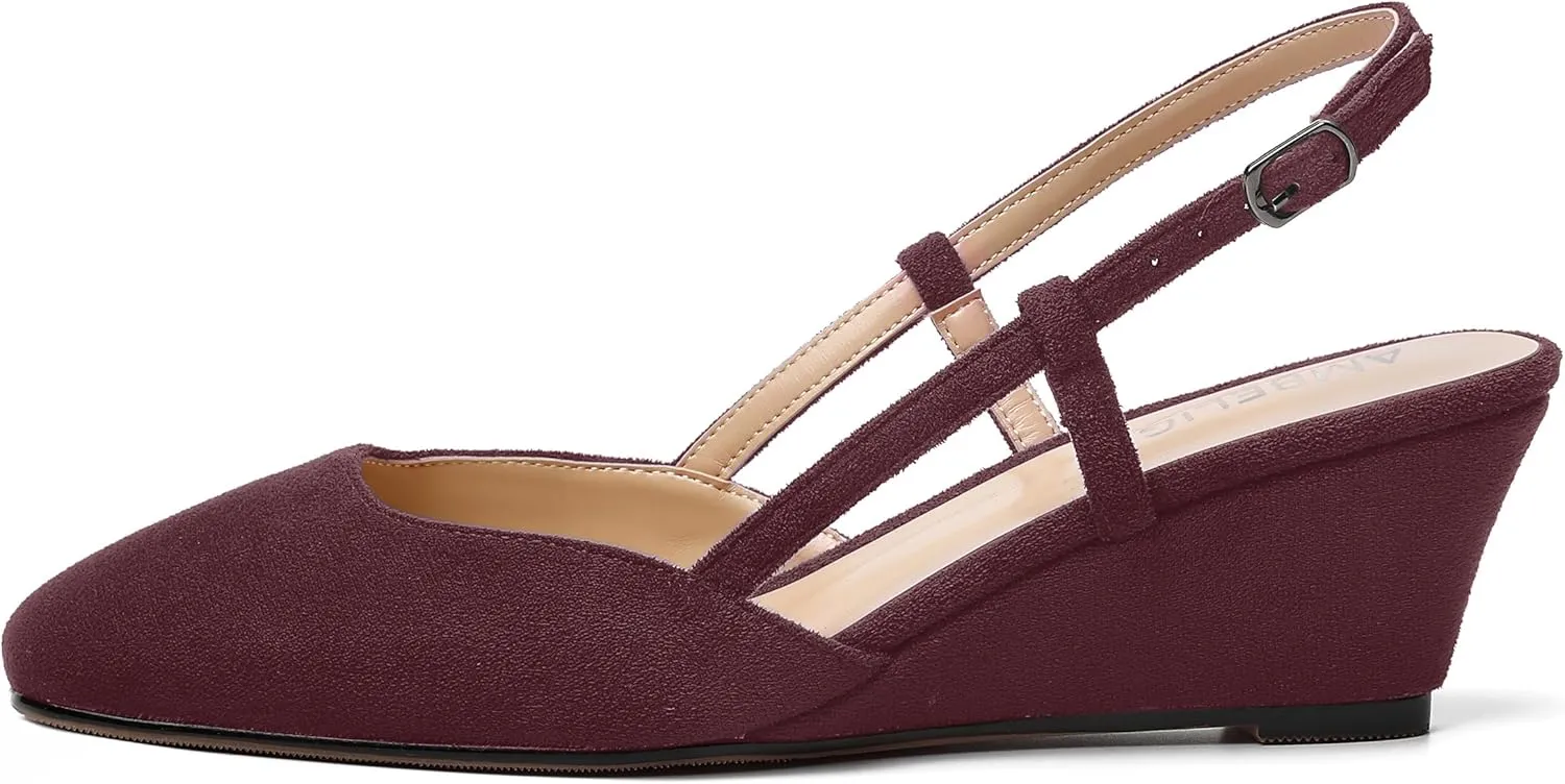 AMBELIGHT Womens Fashion Buckle Square Toe Solid Party Suede Adjustable Strap Wedge Low Heel Pumps Shoes 2 Inch