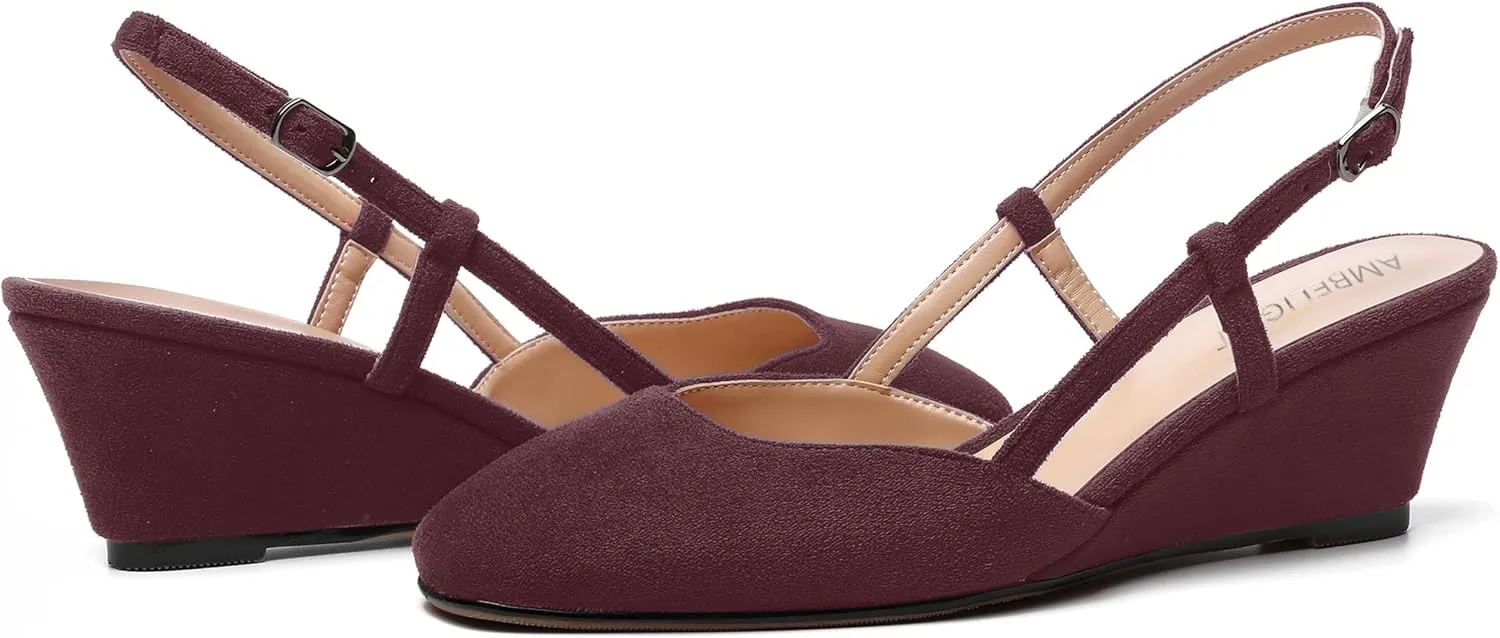 AMBELIGHT Womens Fashion Buckle Square Toe Solid Party Suede Adjustable Strap Wedge Low Heel Pumps Shoes 2 Inch