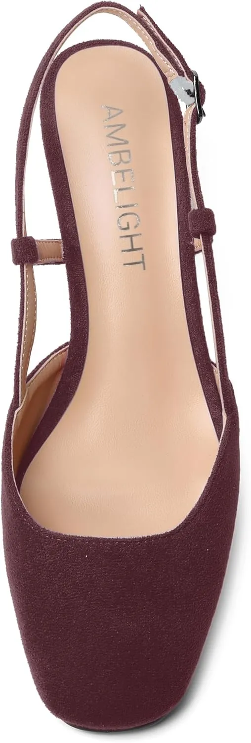 AMBELIGHT Womens Fashion Buckle Square Toe Solid Party Suede Adjustable Strap Wedge Low Heel Pumps Shoes 2 Inch