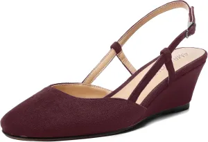 AMBELIGHT Womens Fashion Buckle Square Toe Solid Party Suede Adjustable Strap Wedge Low Heel Pumps Shoes 2 Inch