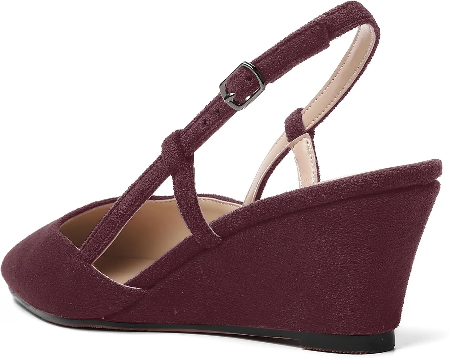 AMBELIGHT Womens Fashion Buckle Square Toe Solid Party Suede Adjustable Strap Wedge Low Heel Pumps Shoes 2 Inch