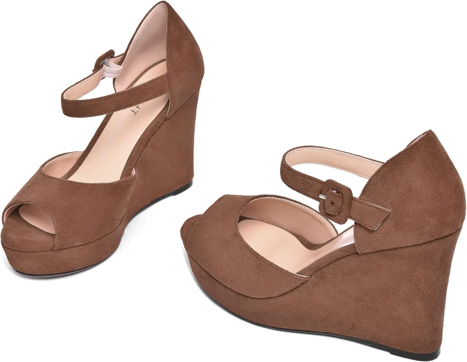AMBELIGHT Womens Peep Toe Fashion Buckle Office Suede Ankle Strap Solid Wedge High Heel Pumps Shoes 4 Inch