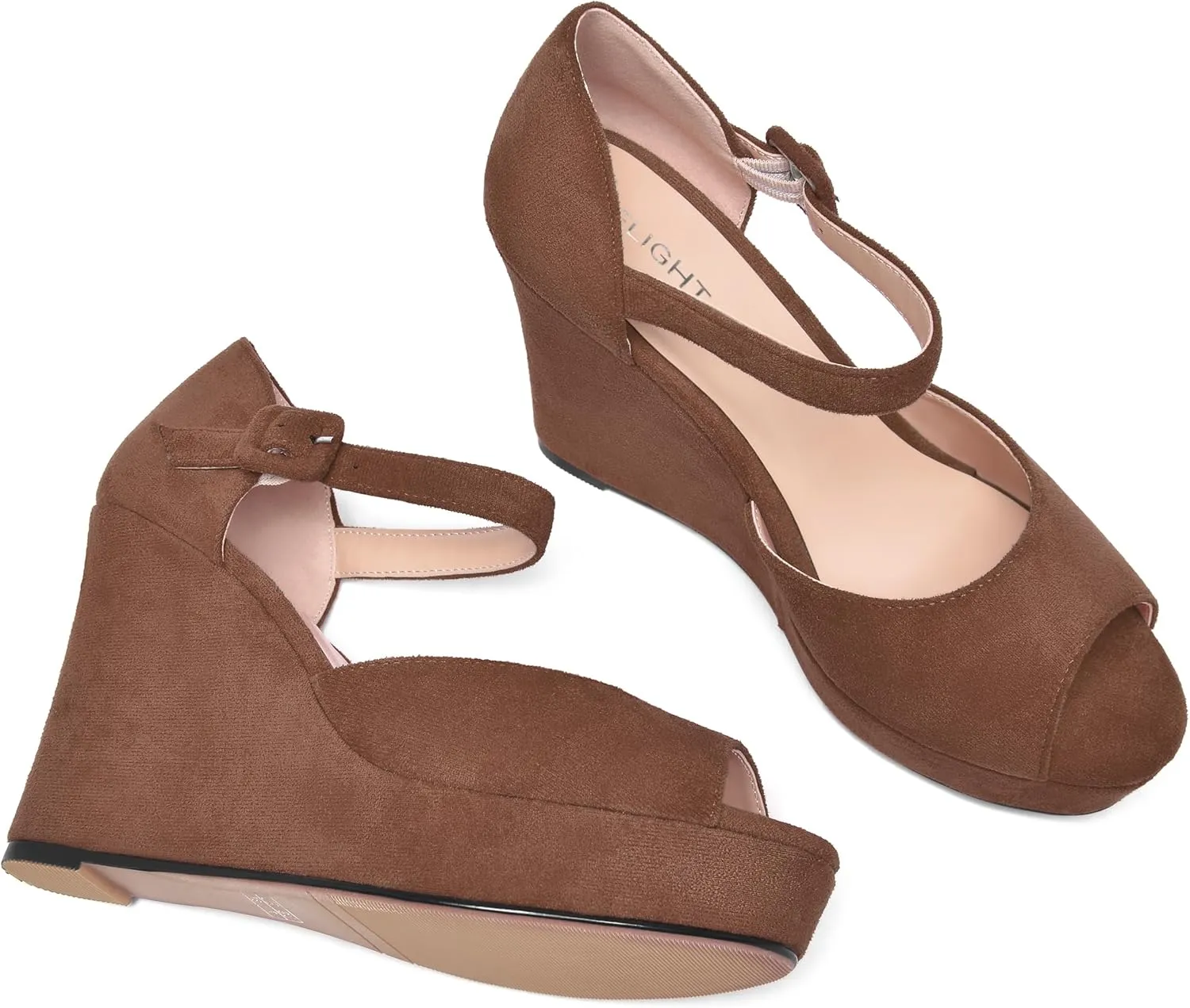 AMBELIGHT Womens Peep Toe Fashion Buckle Office Suede Ankle Strap Solid Wedge High Heel Pumps Shoes 4 Inch