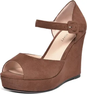 AMBELIGHT Womens Peep Toe Fashion Buckle Office Suede Ankle Strap Solid Wedge High Heel Pumps Shoes 4 Inch