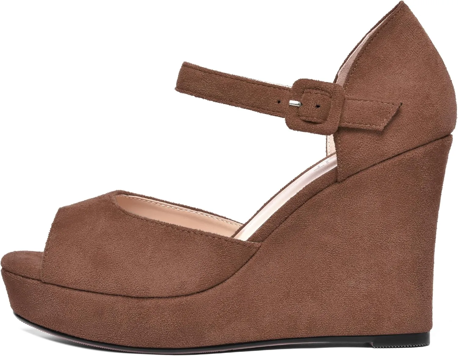 AMBELIGHT Womens Peep Toe Fashion Buckle Office Suede Ankle Strap Solid Wedge High Heel Pumps Shoes 4 Inch