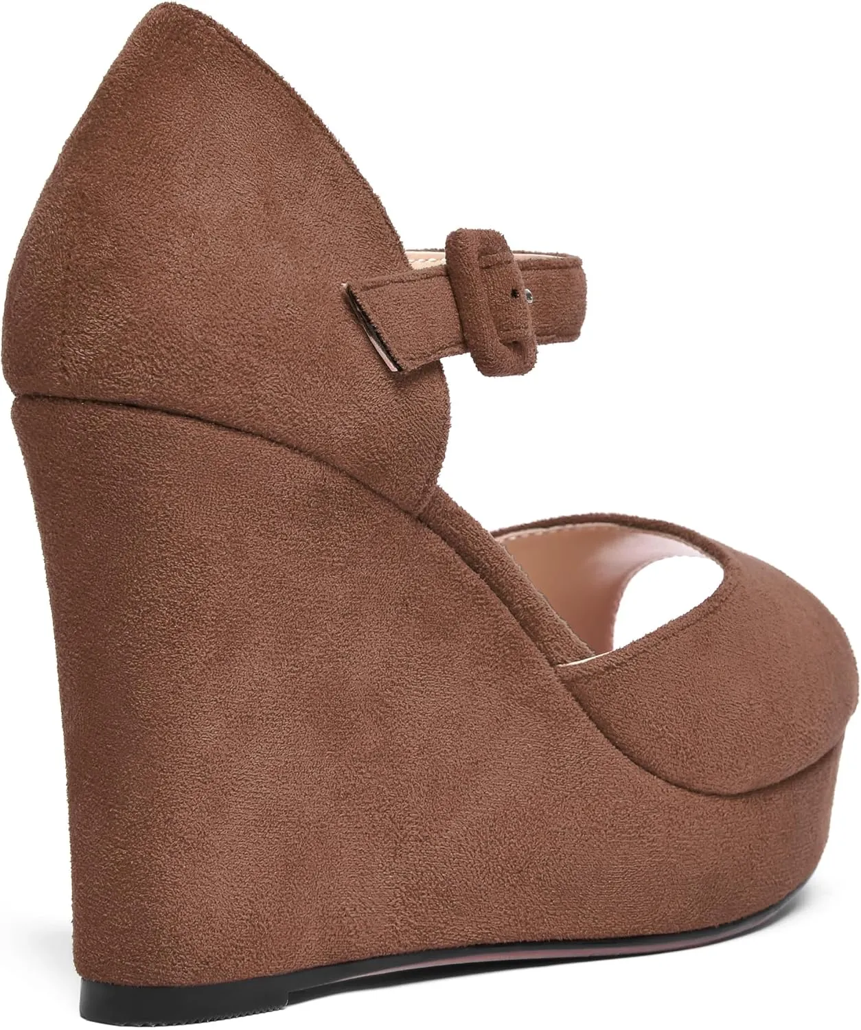 AMBELIGHT Womens Peep Toe Fashion Buckle Office Suede Ankle Strap Solid Wedge High Heel Pumps Shoes 4 Inch