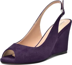 AMBELIGHT Womens Sexy Evening Buckle Suede Solid Slingback Peep Toe Wedge High Heel Pumps Shoes 3.3 Inch