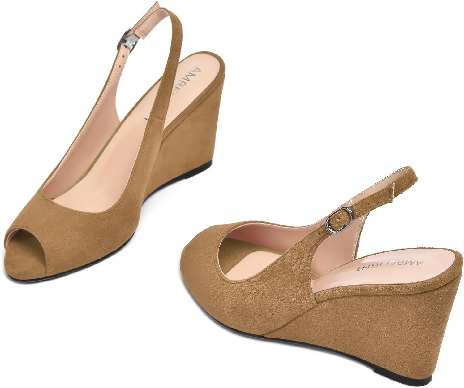 AMBELIGHT Womens Sexy Evening Buckle Suede Solid Slingback Peep Toe Wedge High Heel Pumps Shoes 3.3 Inch