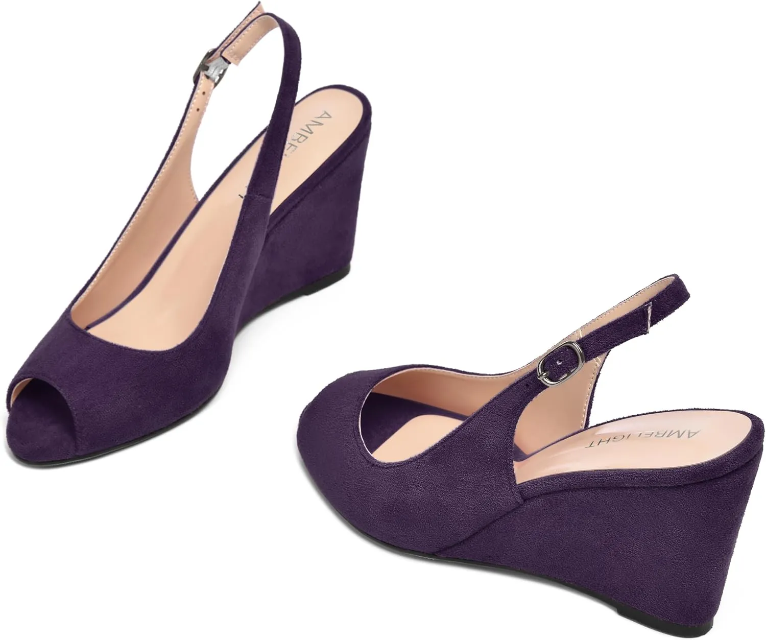 AMBELIGHT Womens Sexy Evening Buckle Suede Solid Slingback Peep Toe Wedge High Heel Pumps Shoes 3.3 Inch