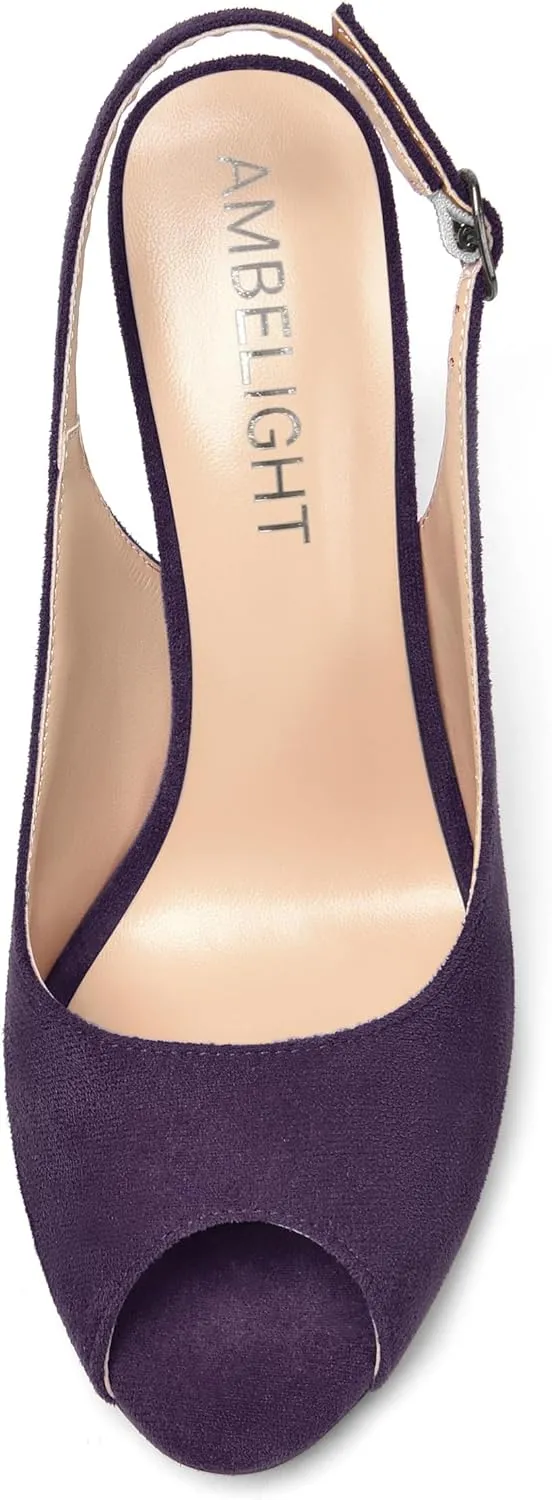 AMBELIGHT Womens Sexy Evening Buckle Suede Solid Slingback Peep Toe Wedge High Heel Pumps Shoes 3.3 Inch