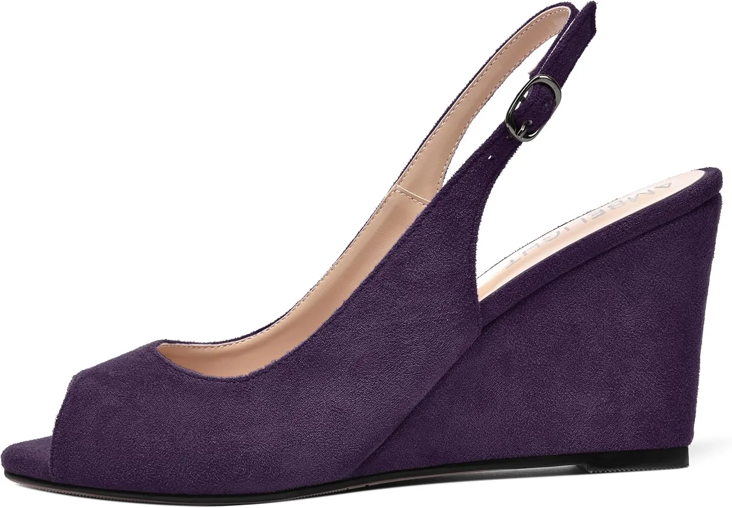 AMBELIGHT Womens Sexy Evening Buckle Suede Solid Slingback Peep Toe Wedge High Heel Pumps Shoes 3.3 Inch