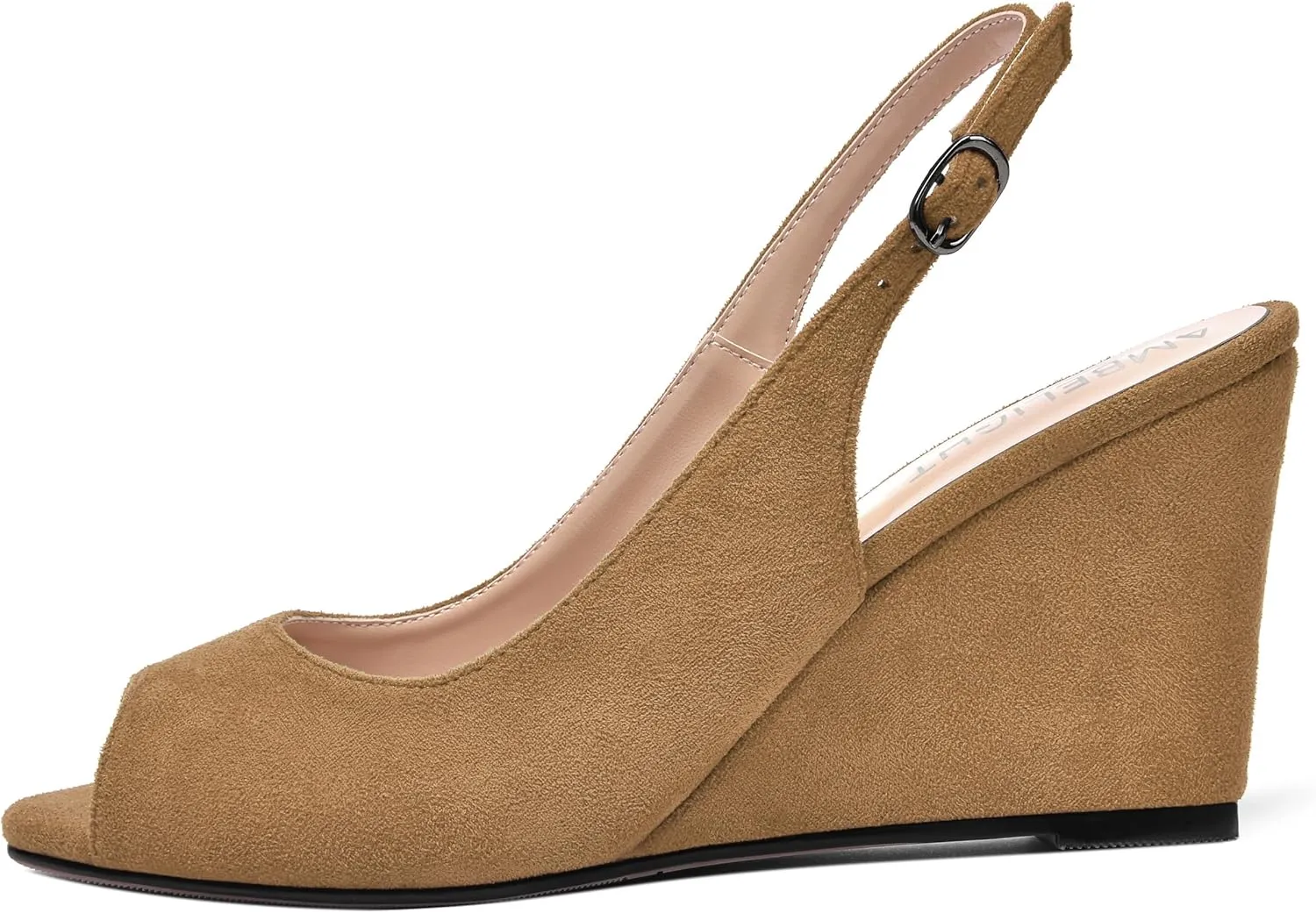 AMBELIGHT Womens Sexy Evening Buckle Suede Solid Slingback Peep Toe Wedge High Heel Pumps Shoes 3.3 Inch