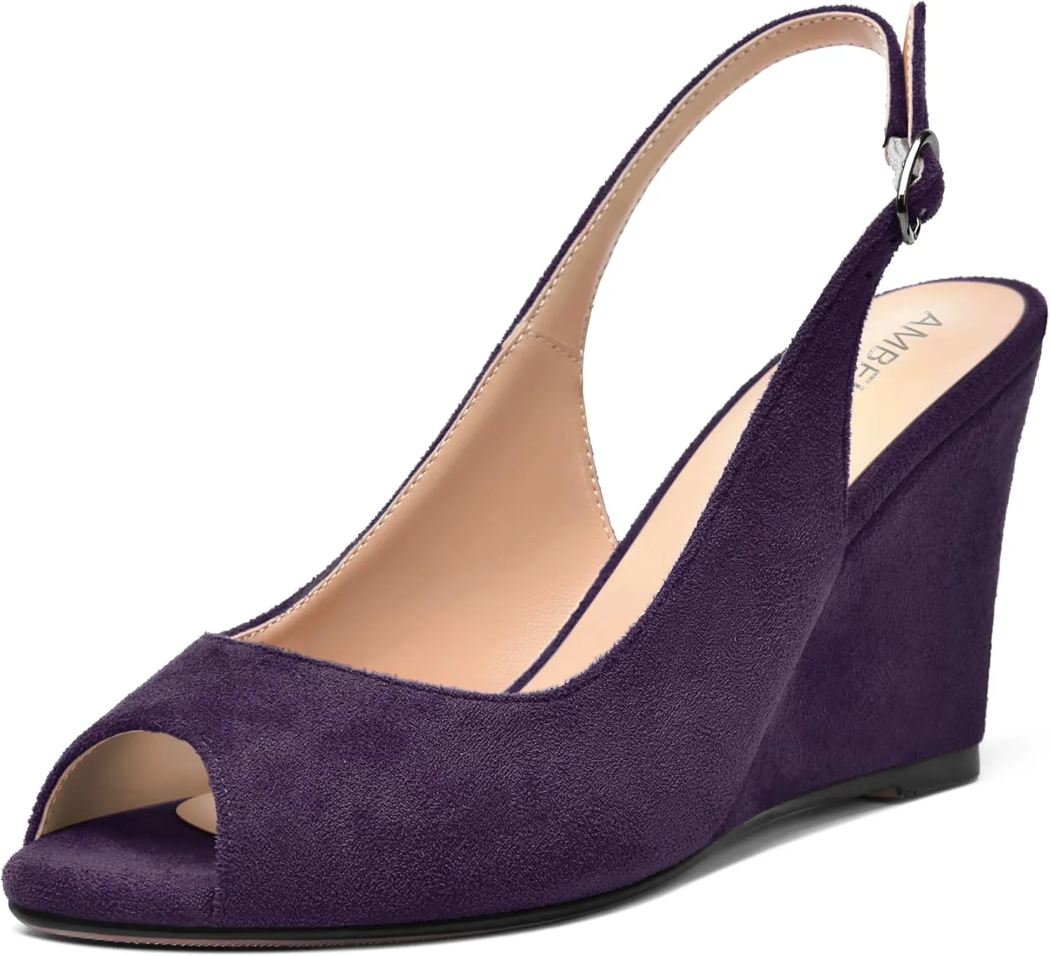 AMBELIGHT Womens Sexy Evening Buckle Suede Solid Slingback Peep Toe Wedge High Heel Pumps Shoes 3.3 Inch