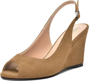 AMBELIGHT Womens Sexy Evening Buckle Suede Solid Slingback Peep Toe Wedge High Heel Pumps Shoes 3.3 Inch