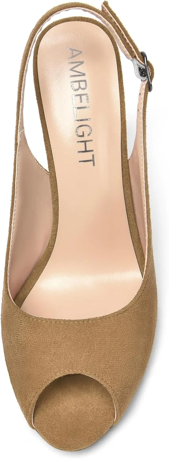 AMBELIGHT Womens Sexy Evening Buckle Suede Solid Slingback Peep Toe Wedge High Heel Pumps Shoes 3.3 Inch