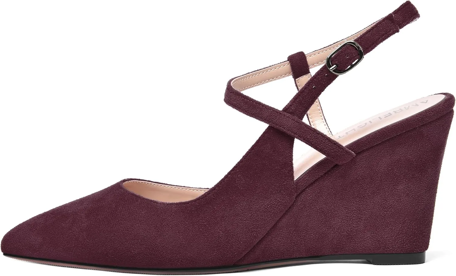 AMBELIGHT Womens Solid Pointed Toe Buckle Bridal Ankle Strap Sexy Suede Wedge High Heel Pumps Shoes 3.3 Inch