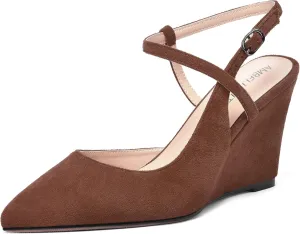 AMBELIGHT Womens Solid Pointed Toe Buckle Bridal Ankle Strap Sexy Suede Wedge High Heel Pumps Shoes 3.3 Inch