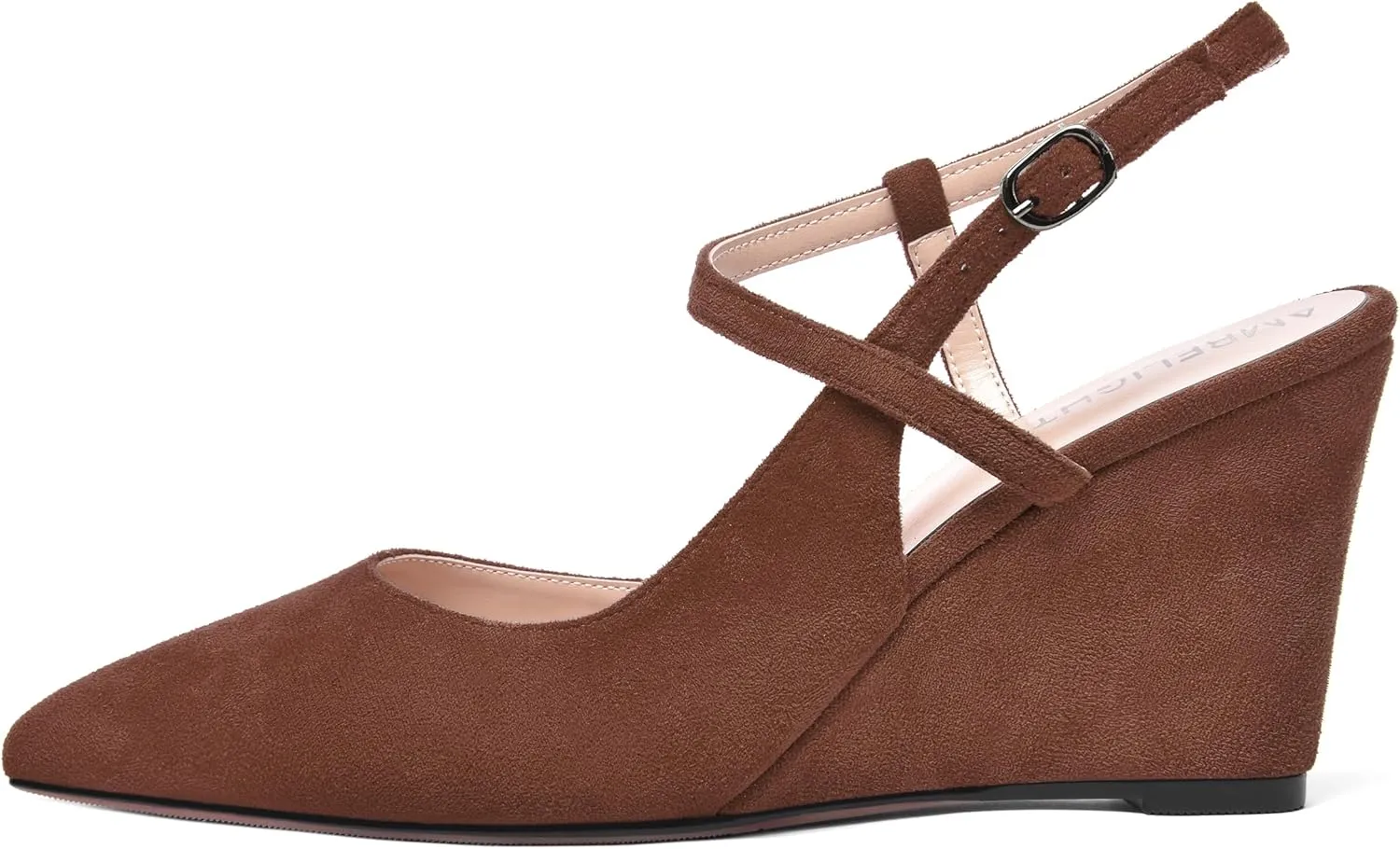 AMBELIGHT Womens Solid Pointed Toe Buckle Bridal Ankle Strap Sexy Suede Wedge High Heel Pumps Shoes 3.3 Inch