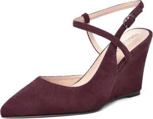 AMBELIGHT Womens Solid Pointed Toe Buckle Bridal Ankle Strap Sexy Suede Wedge High Heel Pumps Shoes 3.3 Inch