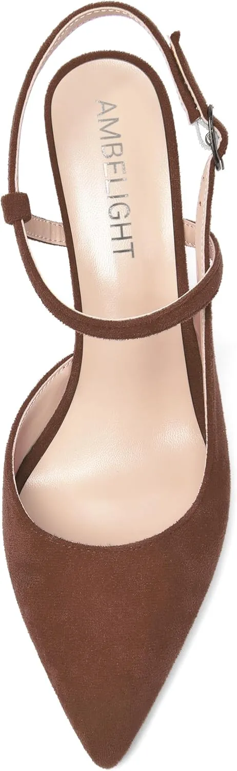 AMBELIGHT Womens Solid Pointed Toe Buckle Bridal Ankle Strap Sexy Suede Wedge High Heel Pumps Shoes 3.3 Inch