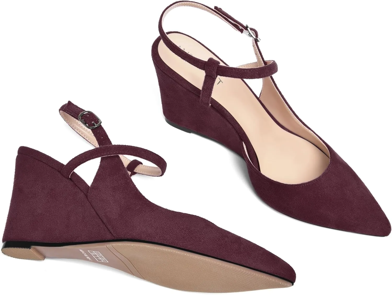 AMBELIGHT Womens Solid Pointed Toe Buckle Bridal Ankle Strap Sexy Suede Wedge High Heel Pumps Shoes 3.3 Inch