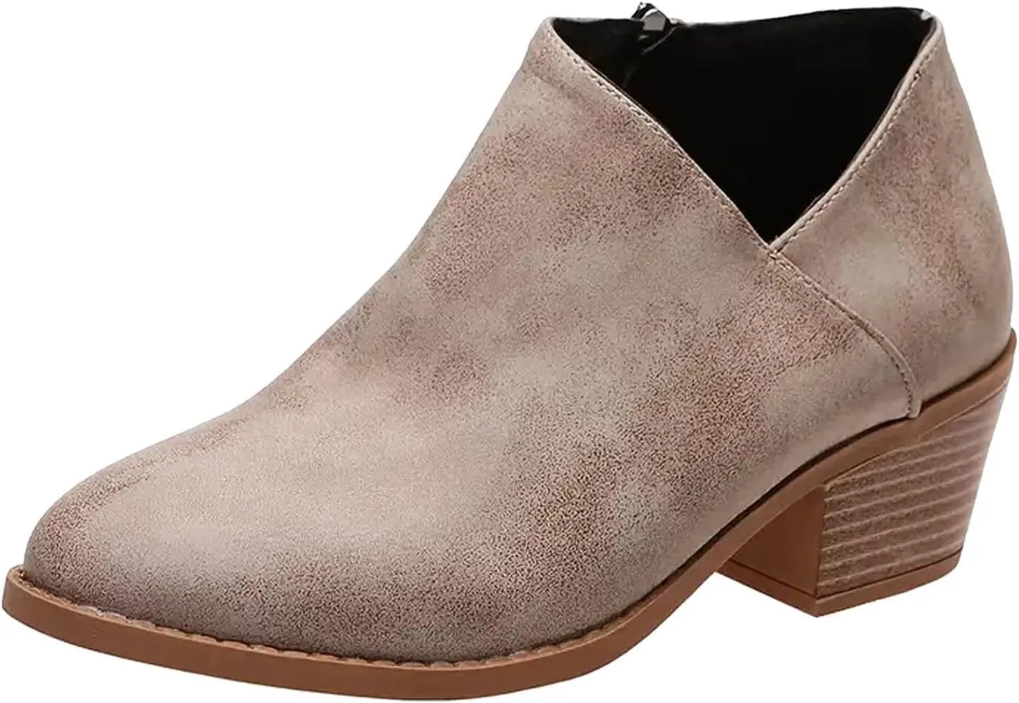 AMDBEL Boots for Women Ankle Booties Low Heel Short Boots Leather Point Toe Zip Up Comfortable Western Fall Winter Shoes